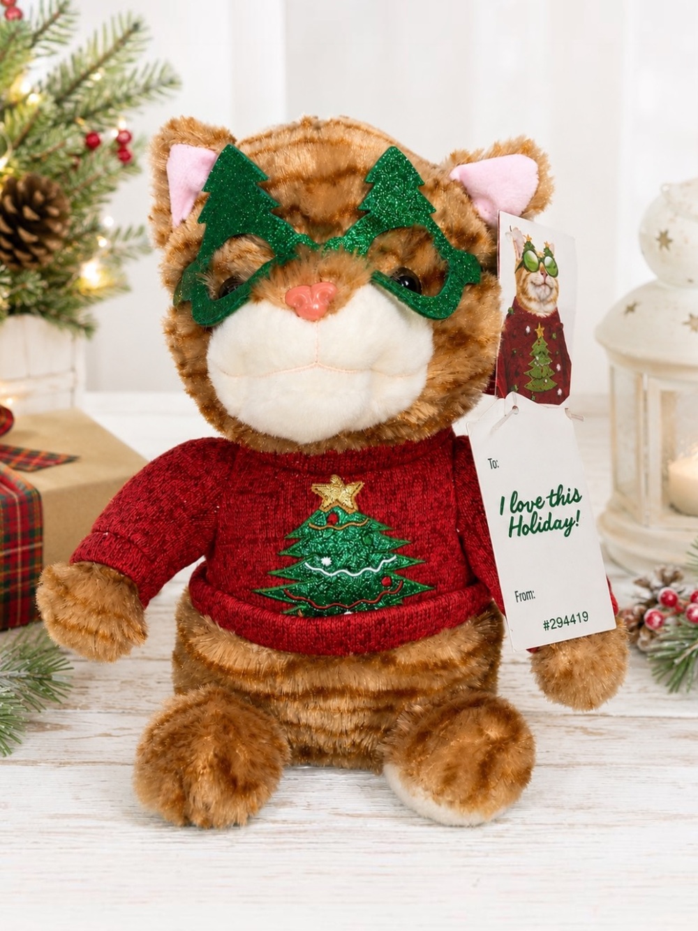 Avanti Dan Dee Christmas Cat Plush 11” Orange Tabby Red Sweater Tree Glasses tag
